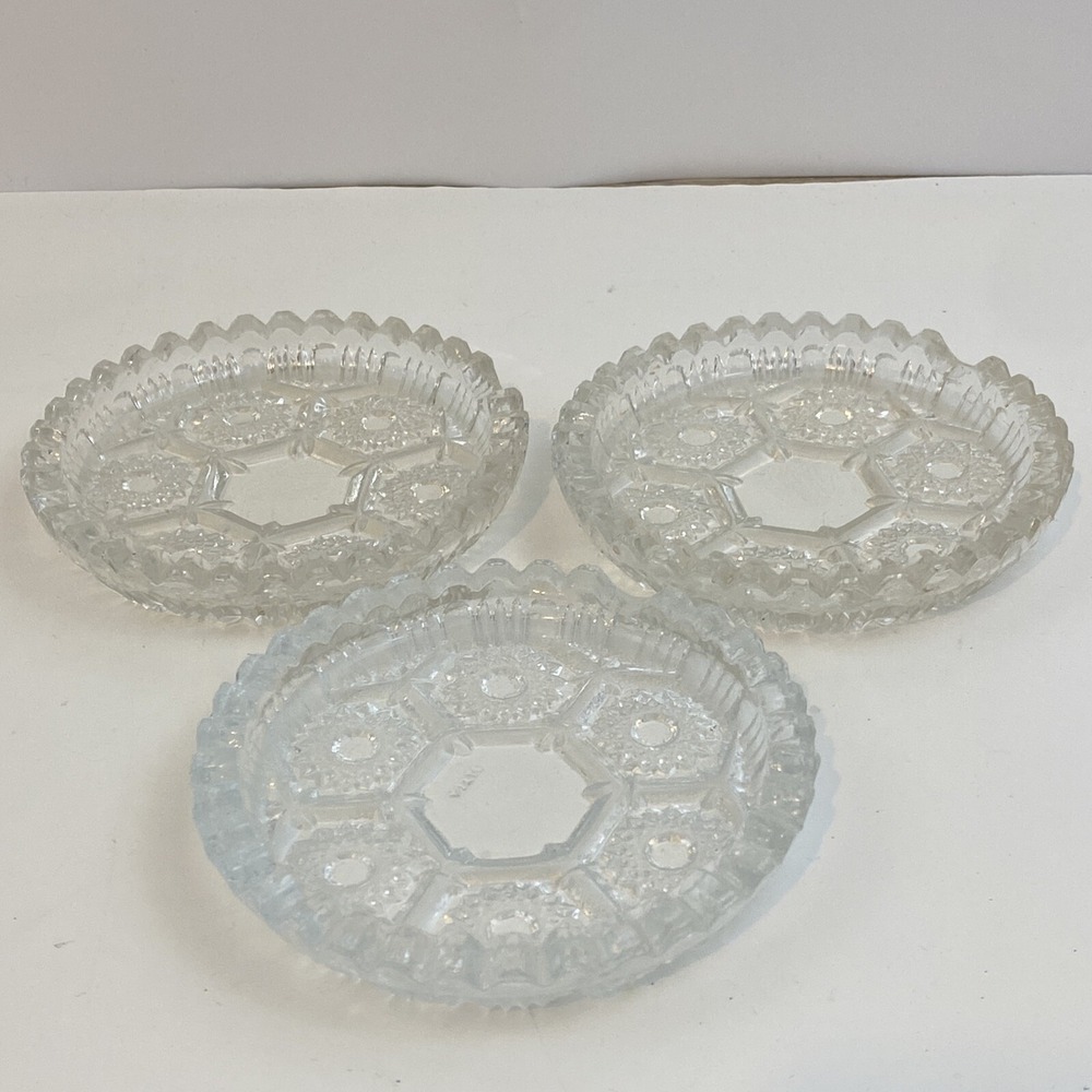 Set of 3 Vintage Sunburst Diamond Crystal Ashtray Coaster Made in Italy 4.5 Inch